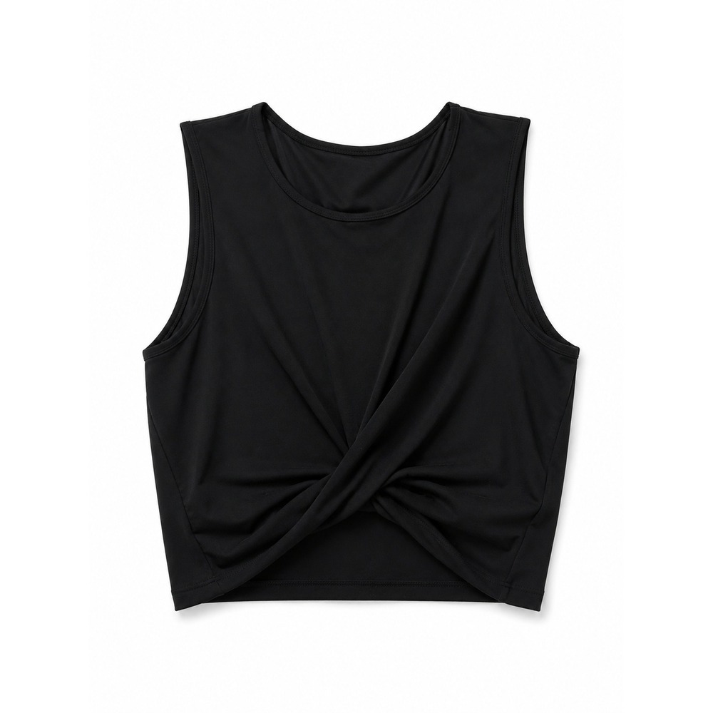Womens Black Athletic Crop Top Front Knot Twist Yoga Tank Sleeveless